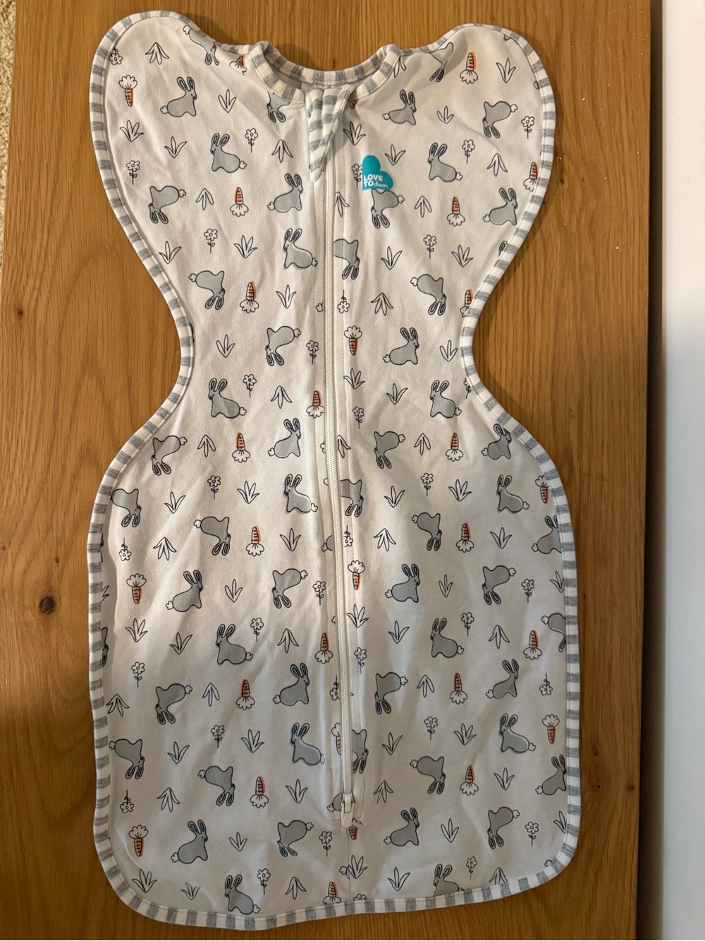 Love To Dream White Swaddle with Grey Bunny and Orange Carrot Print